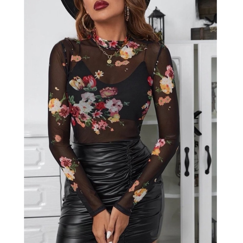 Floral Mesh Long Sleeve Top